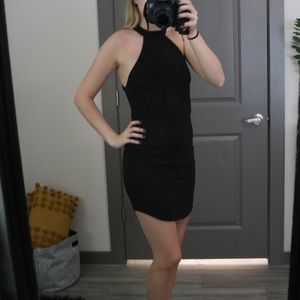 High neck lace up back black body con dress